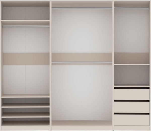 Marmex Möbel TRES SET L Breiter Kleiderschrank ohne Türen, Schrankset mit Einlegeböden, Kleiderbügelstangen und Schubladen, Einbauschrank, laminierte Spanplatte, graubeige cashmere, 240x206x51 cm