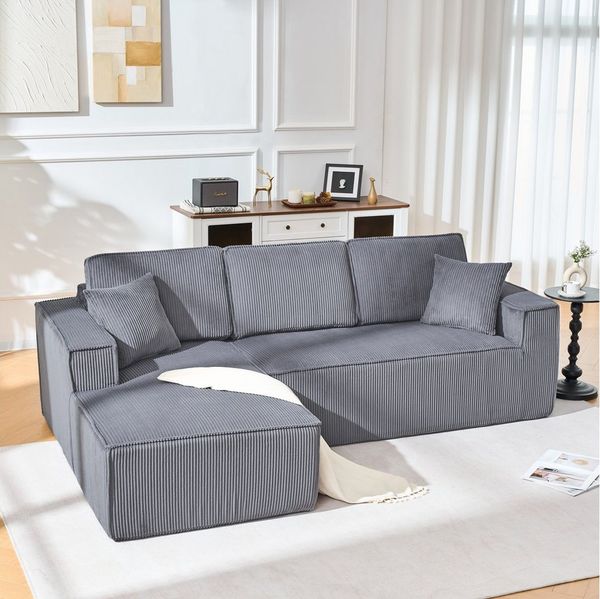 OKWISH Schlafsofa Ecksofa 235x128x60 cm mit modularer L-Form und Cordstoff, grau, modulares Ecksofa mit weichem Hochdichtschaumpolster 1 Teile, modulares Ecksofa mit weichem Hochdichtschaumpolster