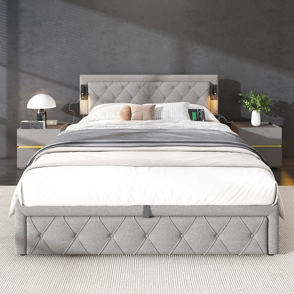 Polsterbett mit LED-Beleuchtung und Lattenrost, Kopfteil mit Spots, Type-C und USB Anschlüssen, 160x200 cm, gepolsterter Kopfteil, Doppelbett, Stauraumbett, Leinen