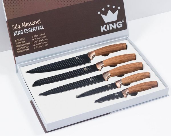 KING Messer-Set Essential (Set, 5-tlg, 5x Messer 20cm, 20cm, 12.5cm 20cm, 8.5cm), Wellenschliff, Griffe in Holzoptik, im Geschenk-Etui