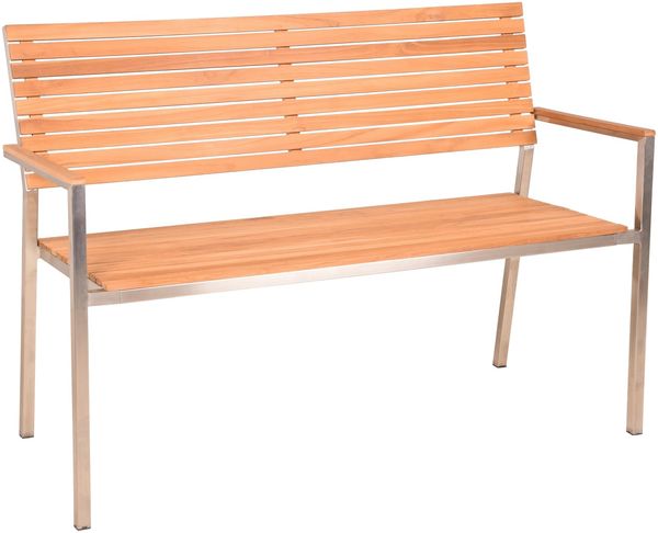 Gartenbank LEON 2-Sitzer 125cm Breit Teak Silber Edelstahl | Terrassenbank Wetterfest Sitzbank Outdoor Bank
