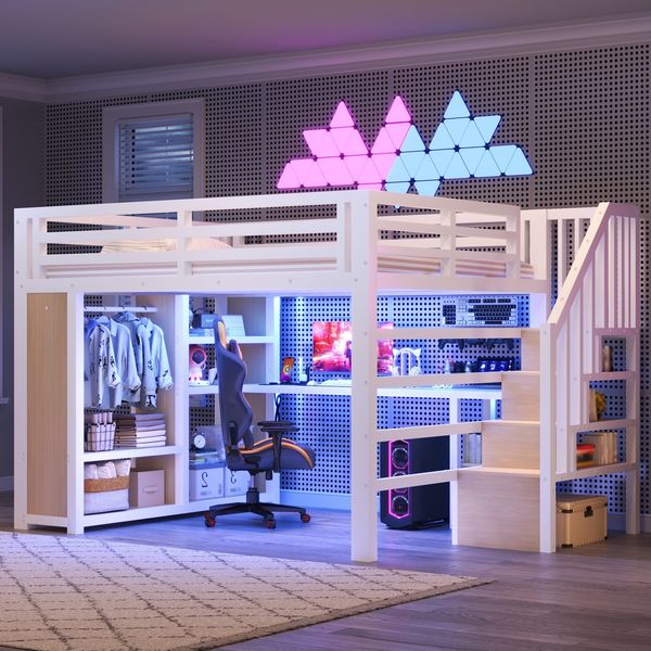Merax Kinderbett, 140x200 cm Gaming-Hochbett aus Metall mit LED-Beleuchtung, USB, Schreibtisch, offenem Kleiderschrank, Treppe und Staufächern, Weiß