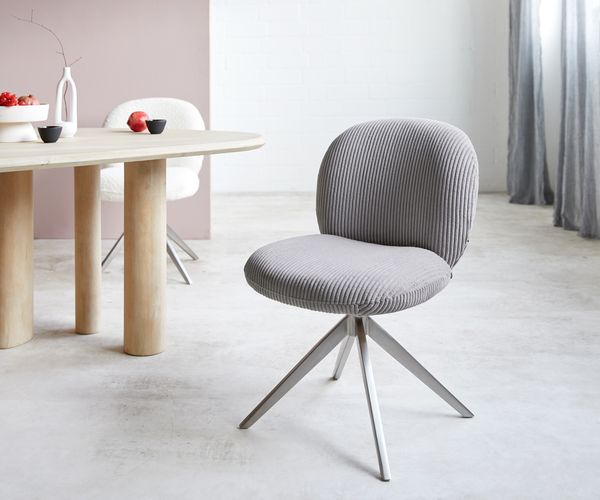 Delife Drehstuhl Nube-Flex, Kreuzgestell breit Edelstahl, 360° drehbar, Taschenfederkern, Cord Silbergrau, 54x65x84 cm