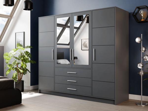 'Bado 4D' Kleiderschrank mit Schubladen und Spiegel, Laminatplatte grau, 200 x 58 x 195 cm