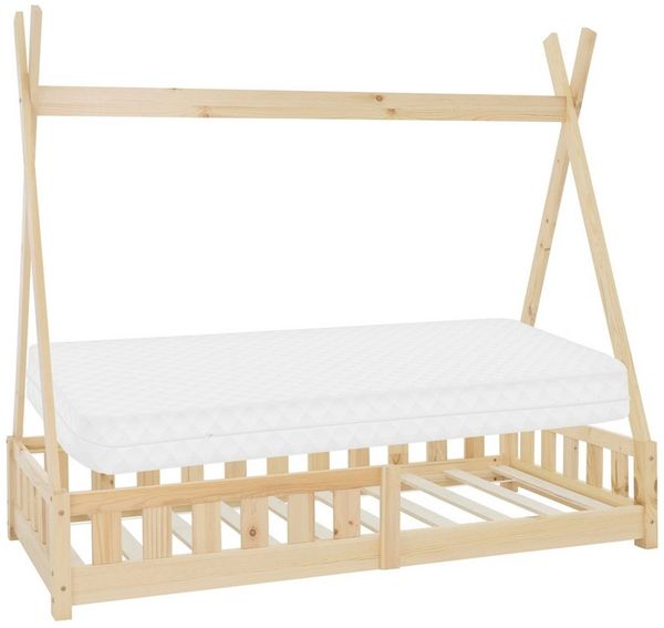 ML-DESIGN Spielbett Hausbett Tipi Zeltbett inkl. Lattenrost Bodenbett Kinder Himmelbett, Abenteuerbett mit Rausfallschutz Zelt Bett Kiefer Kinderhaus Natur