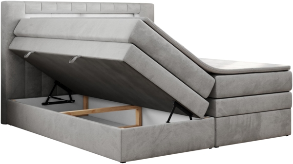 Boxspringbett mit LED Kopfteil und Topper - GOLD-5-KING - 180x200cm - Hellgrau Velours - H3 Bild 4