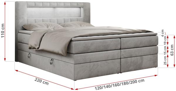 Boxspringbett mit LED Kopfteil und Topper - GOLD-5-KING - 180x200cm - Hellgrau Velours - H3 Bild 5