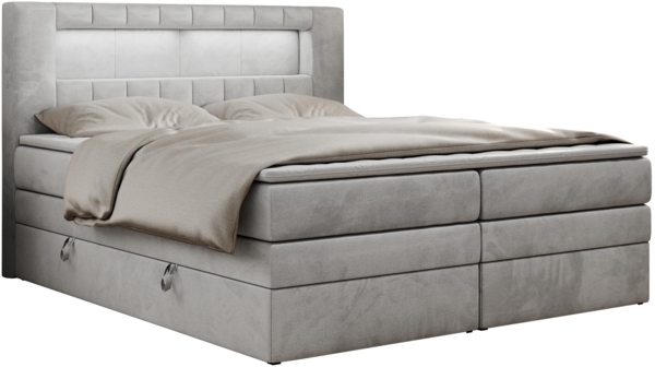 Boxspringbett mit LED Kopfteil und Topper - GOLD-5-KING - 180x200cm - Hellgrau Velours - H3 Bild 3