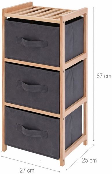 Koopman Mehrzweckregal Badregal Aufbewahrungsregal Regal Holz 65x27x25cm 3 Fächer, 1-tlg, 3 Stofffächer, 3 Ebenen, Mit Griff, Standsicher, Schlicht