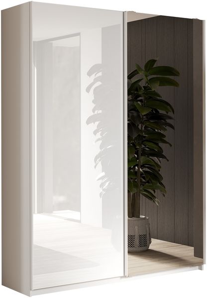 Schwebetürenschrank >Salva< 2 Böden, 2 Stangen, Spiegel, Weiß Hochglanz/Weiß - 180x210x55cm B/H/T