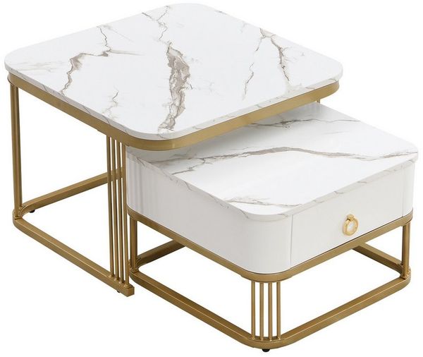 Refined Living Couchtisch Stapelbarer Couchtisch Wohnzimmertisch zweiteiliges Set (2er-Set. Stapelbarer Satztisch, 2-St, hochglänzende Marmoroptik, Glasplatte, Metallrahmen), Beistelltisch mit Schubladen, 60*60*45+50*50*34 cm