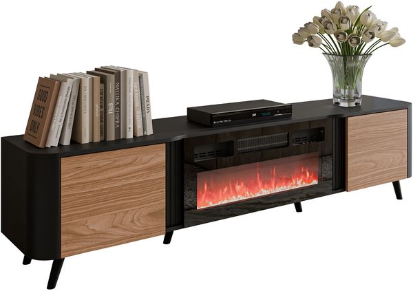TV-Lowboard Volkiro 200 EF mit Kamin, 2 Drehtüren (Farbe: Schwarz / Nuss)
