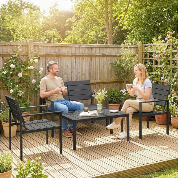 Outsunny Sitzgruppe HDPE Lamellendesign wetterfest Outdoor, (Set, 4-tlg, 1 Tisch, 2 Sessel, 1 Zweisitzer), für Garten Balkon Schwarz