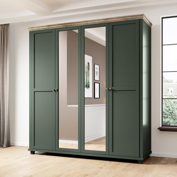 Kleiderschrank Landhausstil 200 cm breit EPSOM-83 mit 2 Spiegeln, 4 türig, in grün mit Lefkas Eiche Nb, B/H/T: ca. 200/216/62 cm