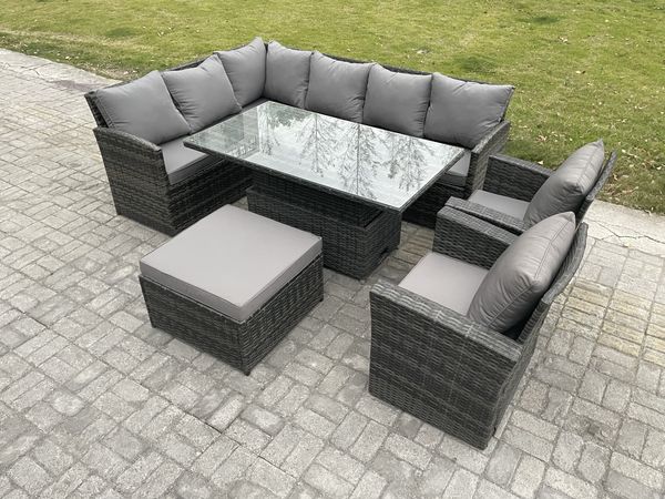 Fimous Outdoor Gartenmöbel Set aus Polyrattan mit Großer Fußhocker 2 Sesseln Dunkelgrau gemischt
