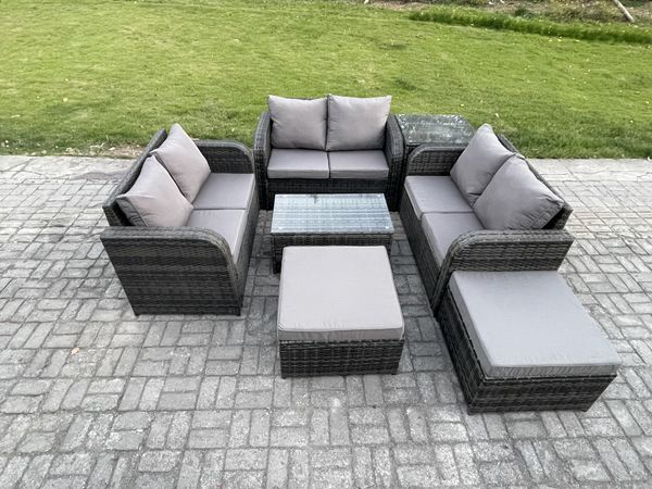 Fimous Polyrattan Gartenmöbel Set 8-Sitzer Garten Sofa im Freien Set mit Love Sofa Couchtisch Beistelltisch 2 hohen Hockern Dunkelgrau Gemischt