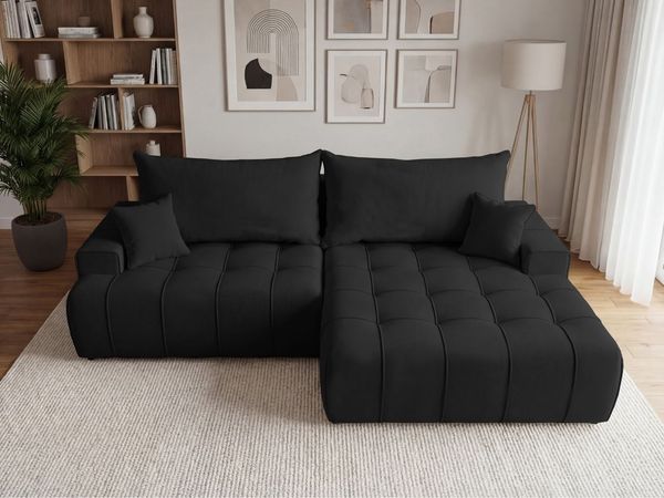 GRAINGOLD Ecksofa Tulio, Ecksofa mit Stauraum, gesteppte Sitzfläche, mit Schlaffunktion, Velour-Stoff, Schwarz, Rechts