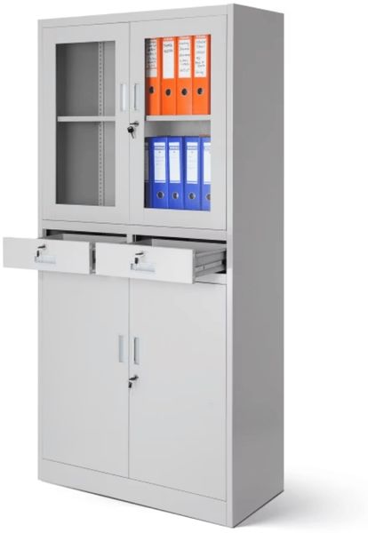 Vitrinenschrank abschließbar EDMUND - Glastüren, 4 Ebenen | Büroschrank aus Stahl Aktenschrank mit Glasfenster Metallschrank Mehrzweckschrank, 185x90x40cm Grau