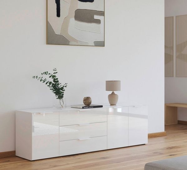 rauch Kombikommode Kommode Türkommode Sideboard Kombikommode FLIPP mit Glasfront (Breite 200 cm mit 2 Einlegeböden), 3-türig, 3 Schubladen, Soft-Close-Funktion, Oberboden und Front Glas