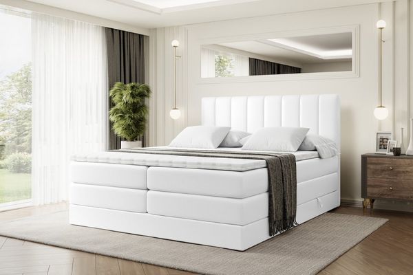 ALTDECOR 'OTTA KING' Boxspringbett, (Multipocket-Matratze H4, H3 Bonellfederung, Topper, Kopfteil), Weiß Kunstleder, 160 x 200 cm