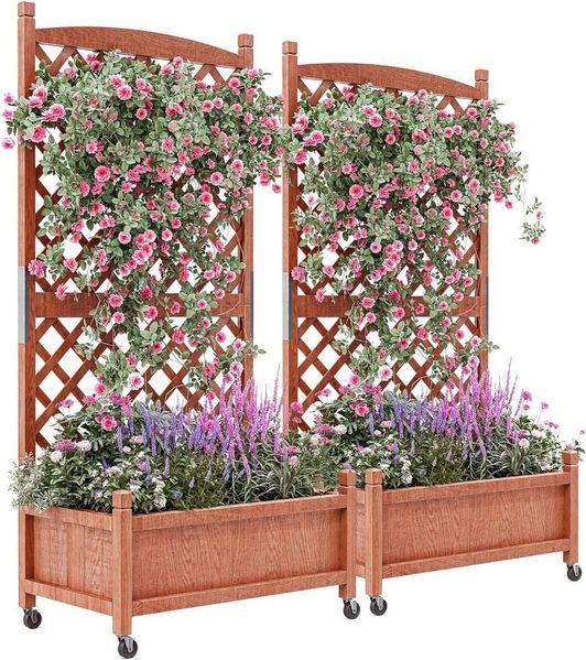 GarveeMore Blumenkasten 2 Stk Erhöhtes hochbeet mit Abflusslöchern und feststellbaren Rollen, Pflanzkasten aus Holz mit Rankgitter,75 x 66 x 156 cm für Garten,Balkon