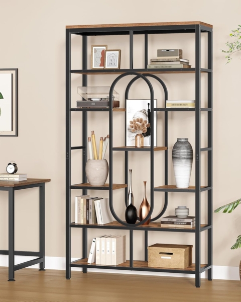 Bücherregal, 7-stöckiges Standregal, Ausstellungsregal mit 9 Ablagen, Raumteiler Regal für Arbeitszimmer, Wohnzimmer, Büro, Schlafzimmer, 30 x 100 x 180 cm, Vintage Braun-Schwarz