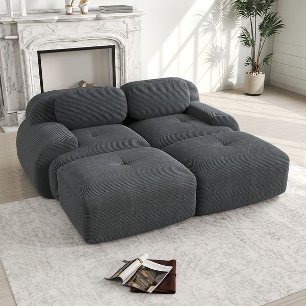Flieks Modulares Cord Sofa 2-Sitzer mit 2x Hocker, Cloud Sofa rahmenlos, bodennah mit tiefer Sitzfläche, auch als Schlafsofa nutzbar, Grau