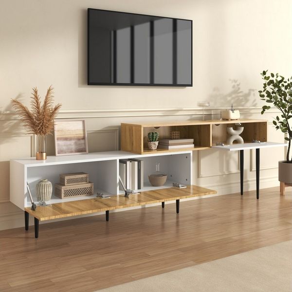 STILVORA Lowboard mit Klapptür,TV-Schrank TV-Lowboard in Holzoptik mit offene Regal (Wohnzimmermöbel, Fernsehschrank, 1 St, Holzoptik + Weiß matt, 130-220 Länge), mit verstellbarer Länge