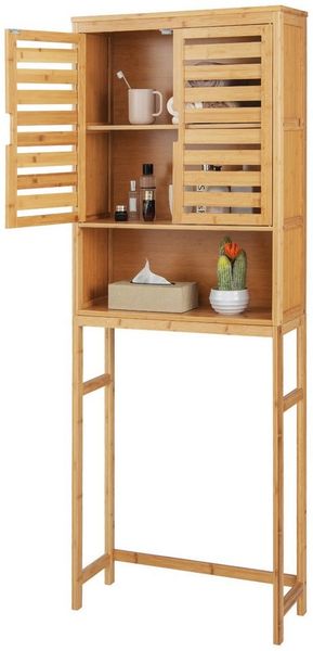 COSTWAY Badregal aus Bambus, mit Schrank & 3 Ablagen, schmal, 170 cm
