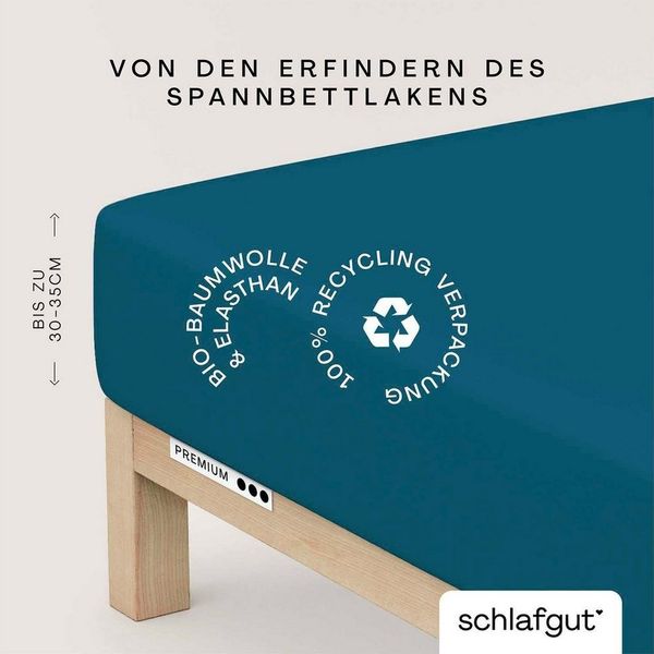 Schlafgut Spannbettlaken PREMIUM Mako-Zwirn-Jersey, 220 g/m², 95% Bio-Baumwolle, 5% Elasthan, Mako-Zwirn-Jersey, Gummizug: rundum, (1 Stück), Bettlaken bis 30 cm Höhe, PREMIUM-Qualität langlebig, perfekter Sitz