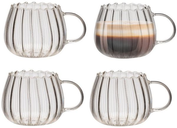 Zoha Glas Riffle Cup 400ml für Kalt- & Heißgetränke, Spülmaschinenfest, Stilvoll, 4-tlg, Borosilikatglas, hitzebeständiges Tassen Set für Kaffee, Matcha, Latte Macchiato, 4 St.