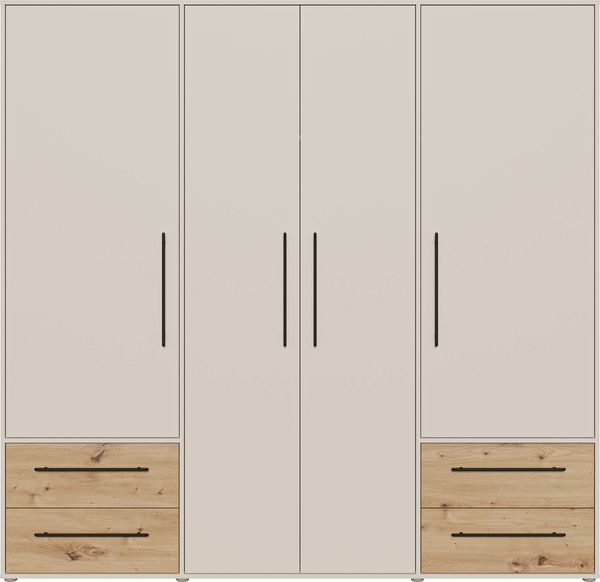 Forte MOKKARIS Kleiderschrank 200 210, moderner Drehtürenschrank, 4-türig, 4 Schubladen, Holzwerkstoff, Kaschmir Beige mit Artisan Eiche Holzdekor, 205,9 cm breit x 200,1 cm hoch x 58,8 cm tief