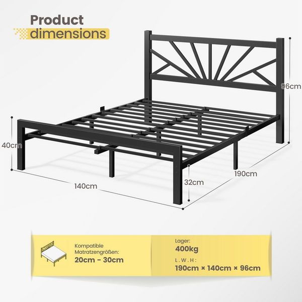 Klyvvo Bettgestell Metallbett mit Lattenrost, Metallgitter, Bettrahmen, Gästebett (1-tlg), 140×190cm, Schwarz Bild 4