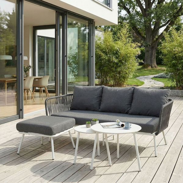 IDIMEX Gartenlounge-Set MYKONOS, Outdoor Dreisitzer Sofa mit Beistelltisch, Balkonmöbel Set weiß/grau