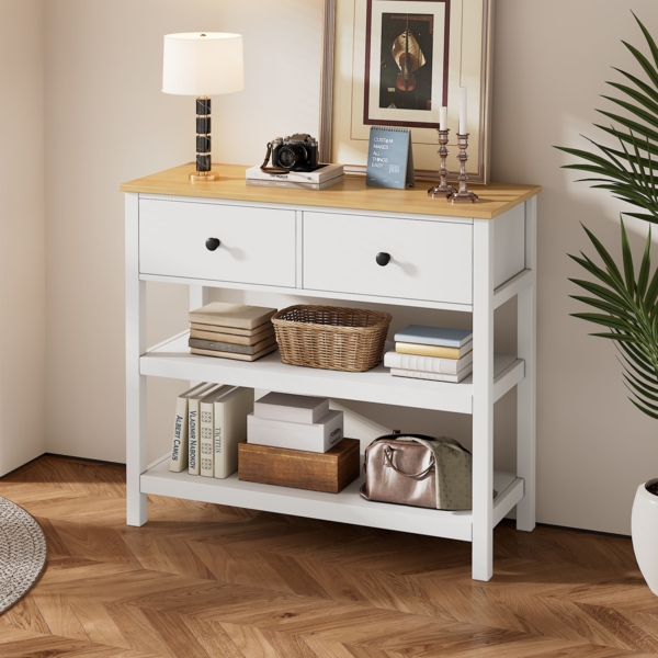 Merax Retro-Konsolentisch, Konsolentisch Holz Schmal, Konsolentisch Mit Schubladen Und Offene Regale Für Flur, Eingang Und Wohnzimmer, Weiß+Natur