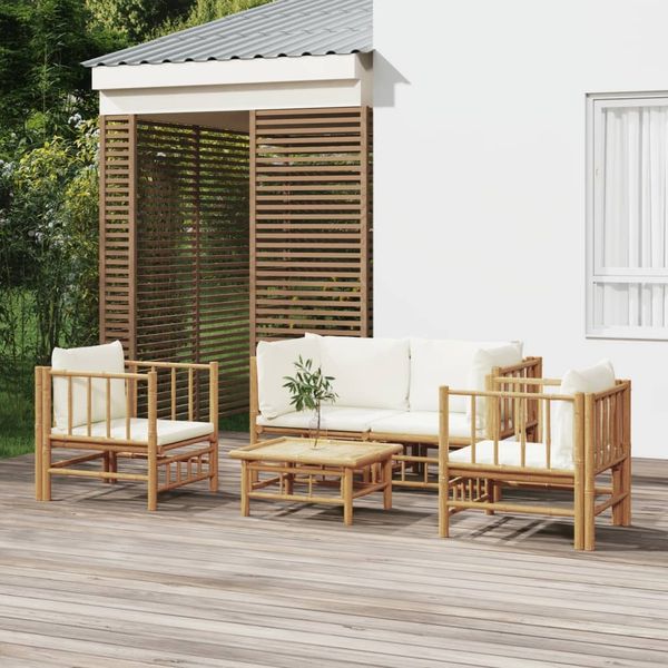 vidaXL 5-tlg. Garten-Lounge-Set mit Cremeweißen Kissen Bambus 3155185