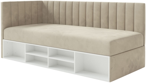 Selsey 'Ventrio' Jugendbett rechtsseitig mit Regalen, Easy-Clean-Samtbezug, hellbeige, 90x200 cm