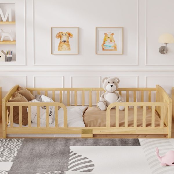 Bodenbett 90*200 cm mit Sicherheitsgeländern, mittigem Zugang, Bodenbett aus Kiefernholz mit Geländern,Naturholz