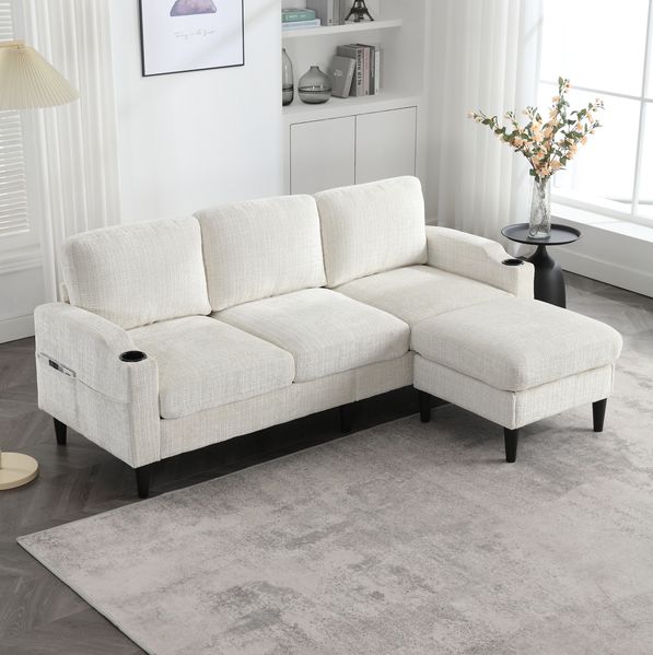 Sofa 196,5 x 75 x 77 cm, 4-Sitzer mit Hocker und Stauraum – Chenille-Bezug, Getränkehalter und Seitentaschen