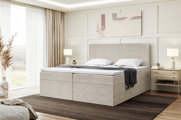 MEBLINI Boxspringbett ZLATAN 160x220 cm mit Bettkasten - H3/Beige Webstoff Polsterbett - Doppelbett mit Topper & Taschenfederkern-Matratze
