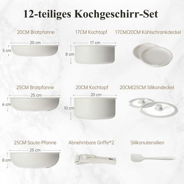 SURFOU Topf-Set 12-teiliges Topfset Abnehmbarer Griff Pots & Pans Sets, Pfanne 7inch Topf 8/10inch Cookware Wohnmobil Kochgeschirr für Camping