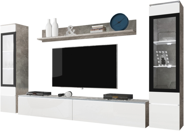 Wohnwand Doppo II (Farbe: Beton / Weiß Hochglanz, mit weißer LED Beleuchtung)