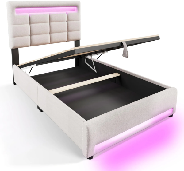 Polsterbett mit LED-Beleuchtung und USB Anschlüssen, 90x200 cm, gepolsterter Kopfteil, Einzelbett mit Stauraum, Stauraumbett, Leinen