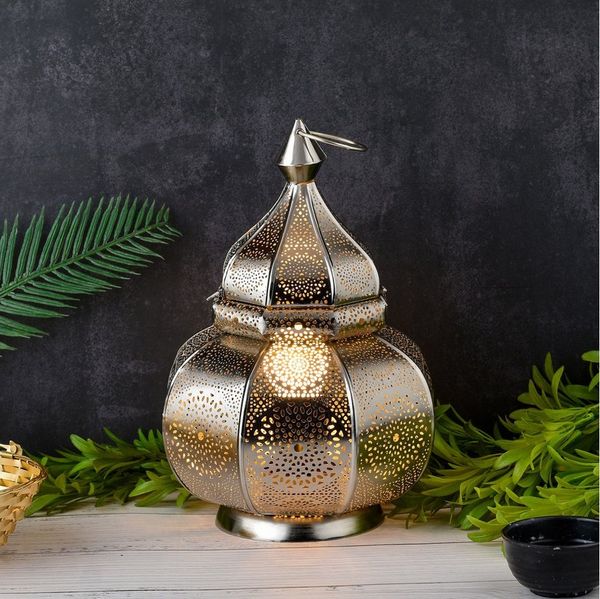 Marrakesch Orient & Mediterran Interior Nachttischlampe Orientalische Laterne Leuchte Tischlampe Lamisa Silber, Handarbeit