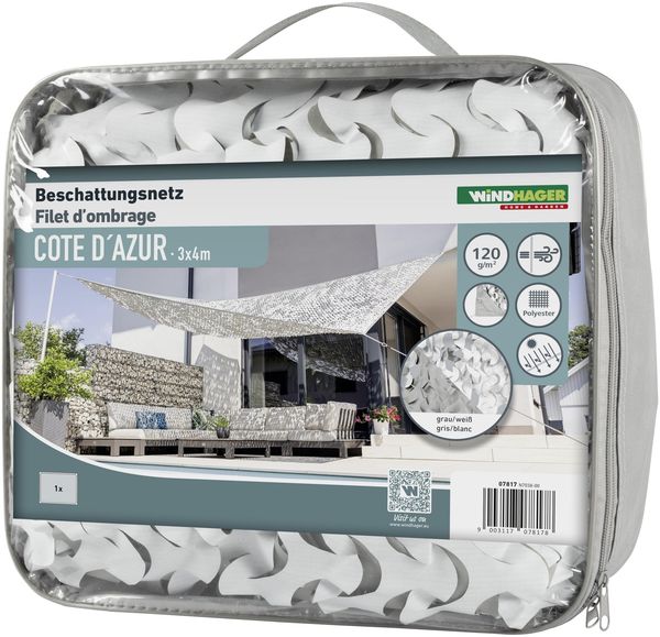 Windhager Beschattungsnetz COTE D´Azur - 3x4 Meter - Weiß/Grau - Sonnensegel, Sonnenschutz, Schattennetz, Schattierungsnetz - Terassenüberdachung - geeignet für Terasse, Balkon und Garten