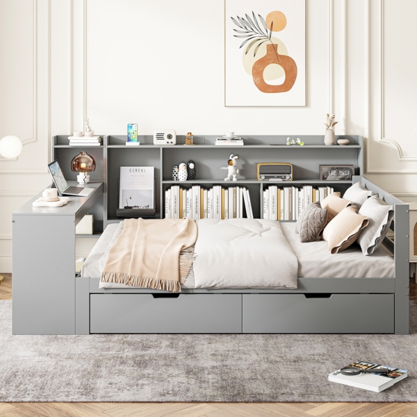 Multifunktionales Schlafsofa Grau 140x200 Mit Schreibtisch USB Steckdose Stauraum Massivkiefer 150kg Tragkraft Doppelbett Arbeitszimmer