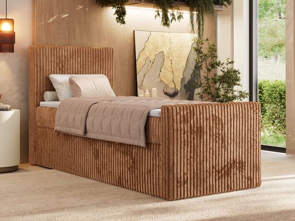 Bett mit Matratze, Boxspringbhett TILIANO DUO 90, Einzelbett 90 x 200 cm, Multipocket-Matratze 7-Zonen-Taschenfederkern - Orange Cordstoff - H4 - Links - Topper Visco