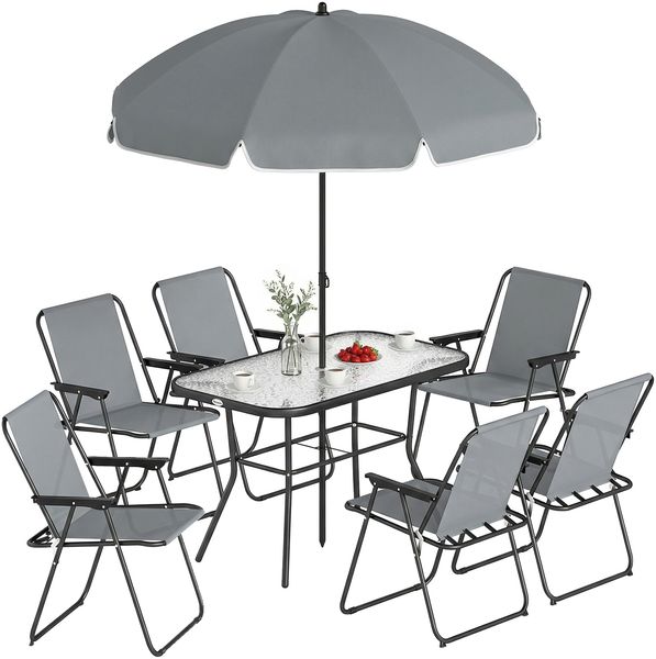 Gartenmöbel Set Sitzgruppe 119 x 68cm Glastisch mit 6 Klappstühlen Sonnenschirm Wasserwellenmuster Grau