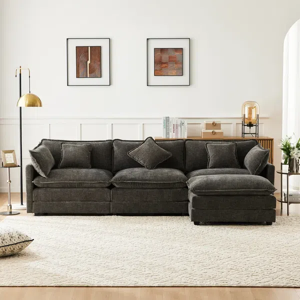 Ecksofa mit Hocker, Zier- und Armlehnenkissen, L-Form, Chenille, Wohnzimmersofa