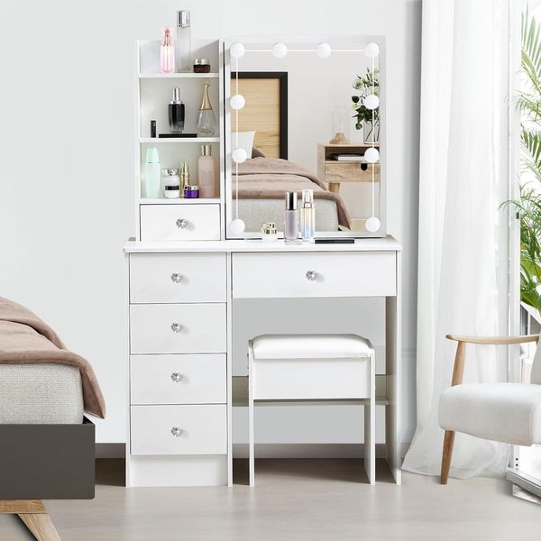 Schminktisch mit Beleuchtung und Hocker, Verstellbare Lichtfarbe, 6 Schubladen